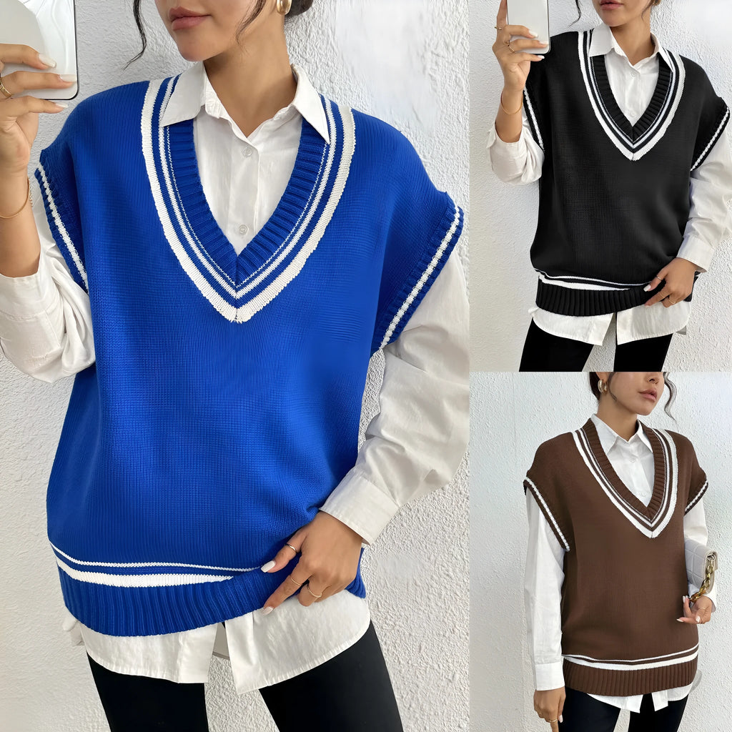 Women's loose college style wool vest sweater pullover in blue, coffee or black colours