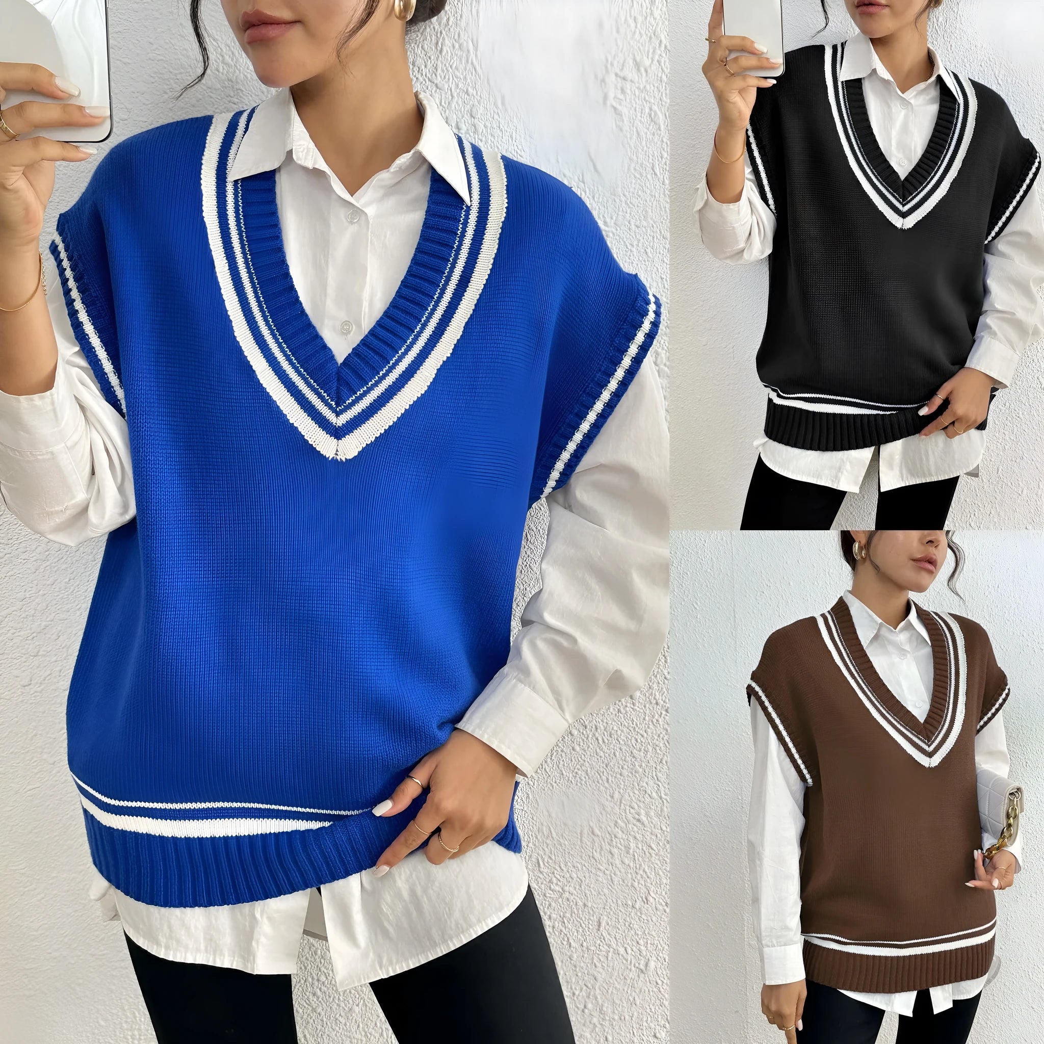Women's loose college style wool vest sweater pullover in blue, coffee or black colours