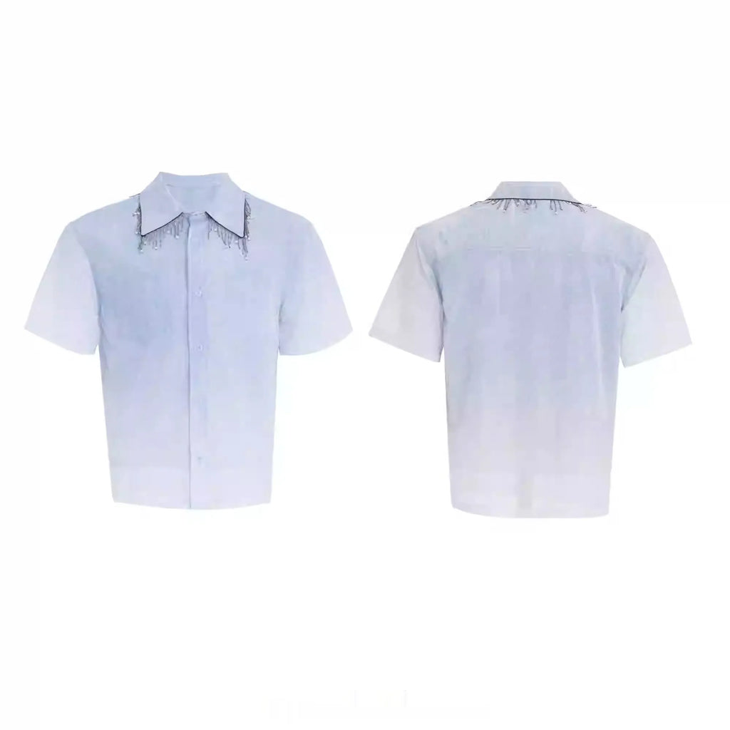 Men's blue and white gradient loose-fit short sleeve summer shirt on a hanger.