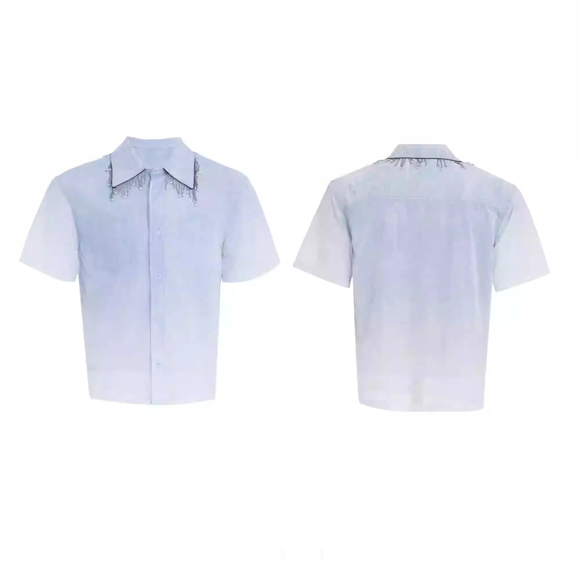 Men's blue and white gradient loose-fit short sleeve summer shirt on a hanger.