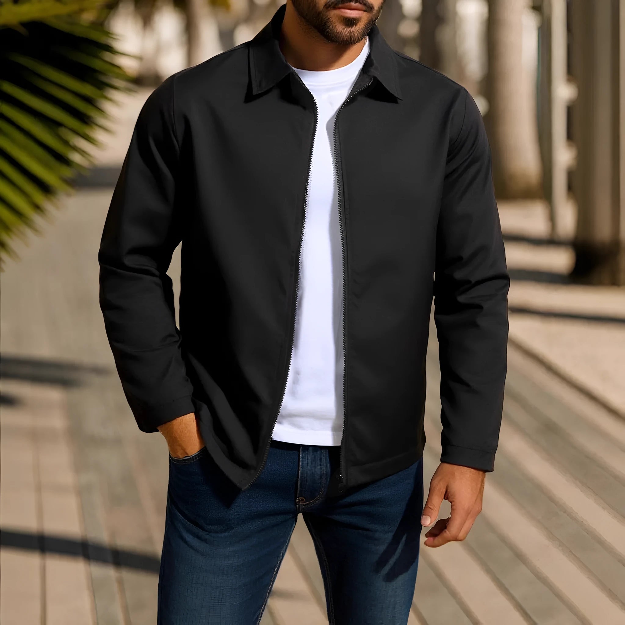 Men's zip-front cardigan jacket with raglan sleeves in emerald green, shown on a model.