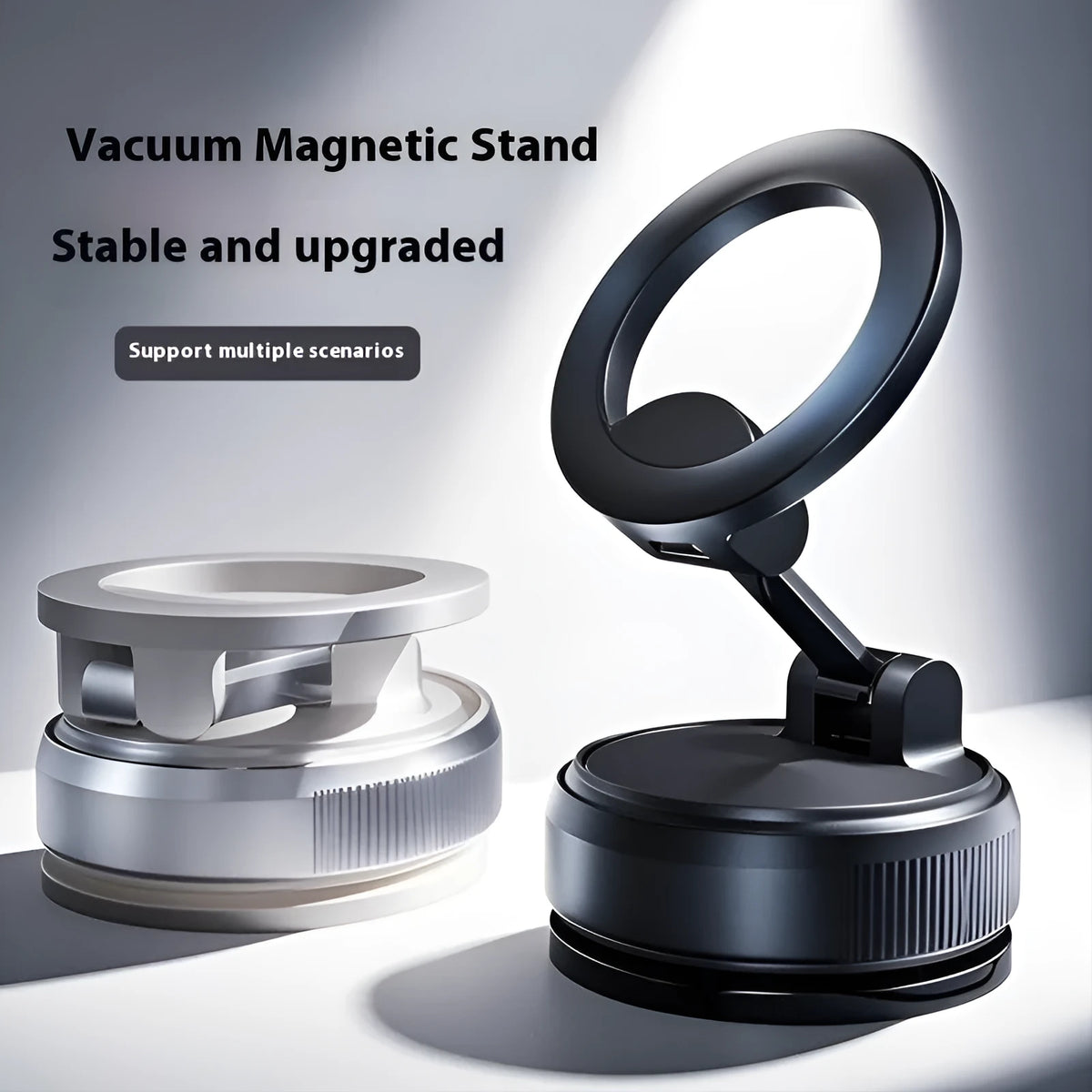 Magnetic car phone holder with suction cup mount, 7.5W, non-rechargeable, shown in black or white style options