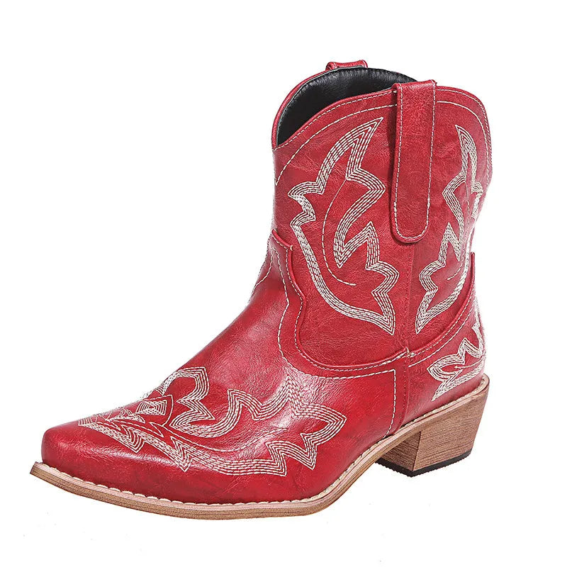 Women's embroidered cowboy boots with wedge heel in blue, brown and wine red colours