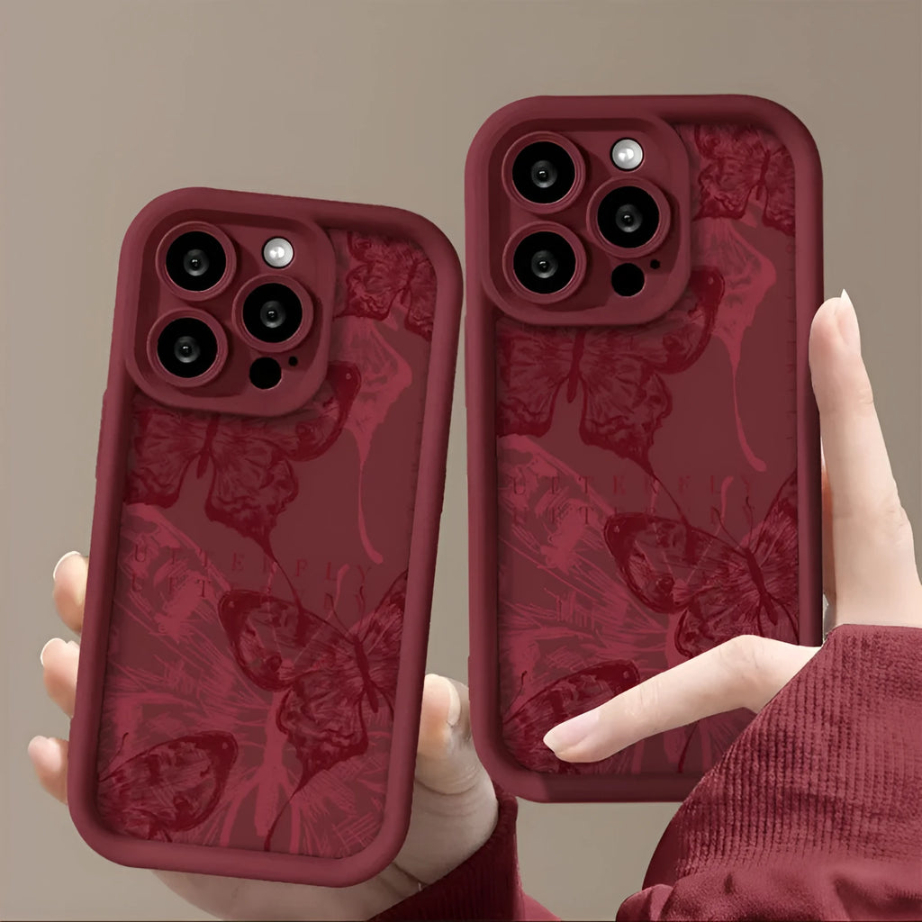 Wine red butterfly print silicone phone case for Apple iPhone with anti-fall protection