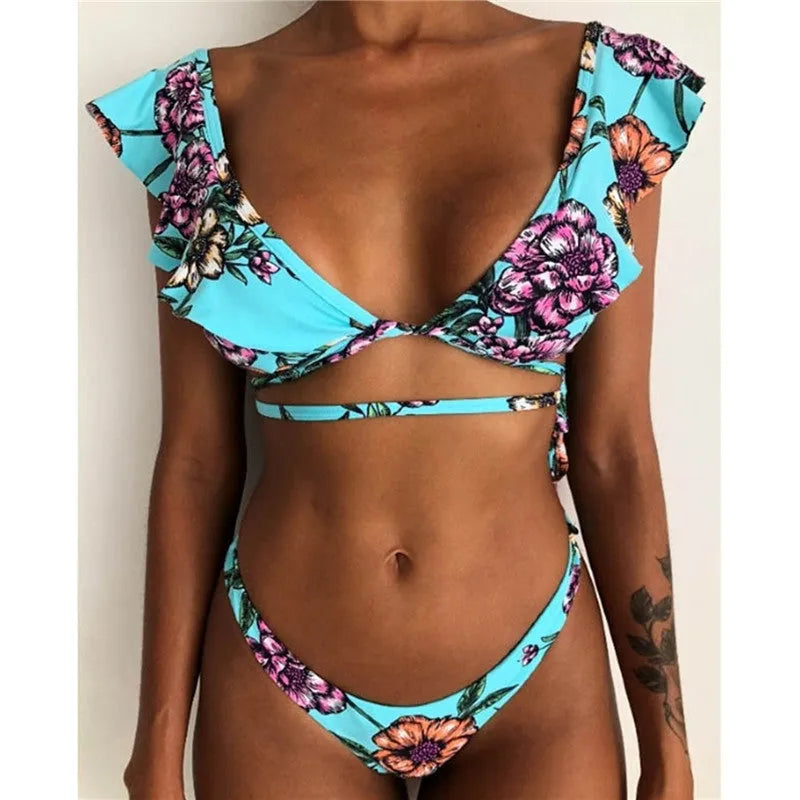 Yellow floral print split bikini swimsuit with high elasticity nylon fabric