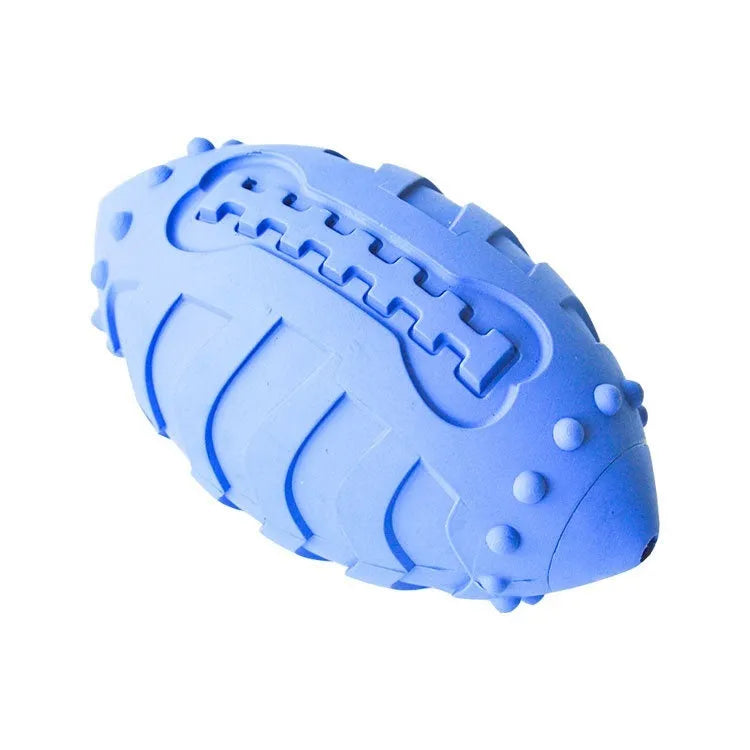Bite-resistant rubber rugby dog toy in light green or blue with vocal features for interactive training
