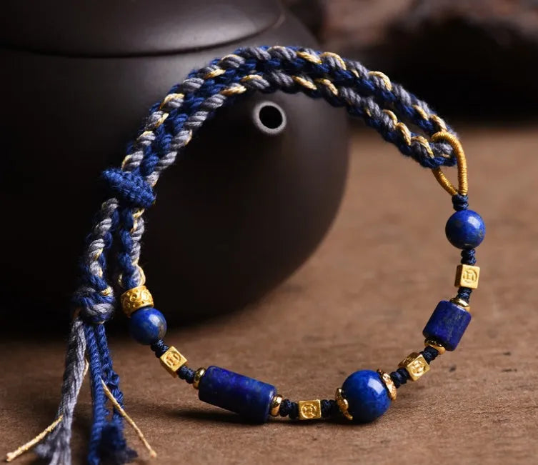 Hand woven ethnic bracelet with lapis lazuli colour and rope design on flexible wire