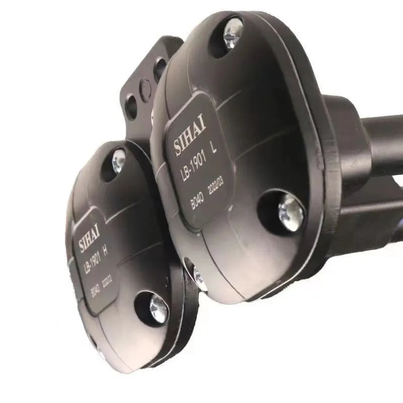 Black 12V 24V 300DB dual trumpet air horn and compressor kit for universal vehicle fitment.