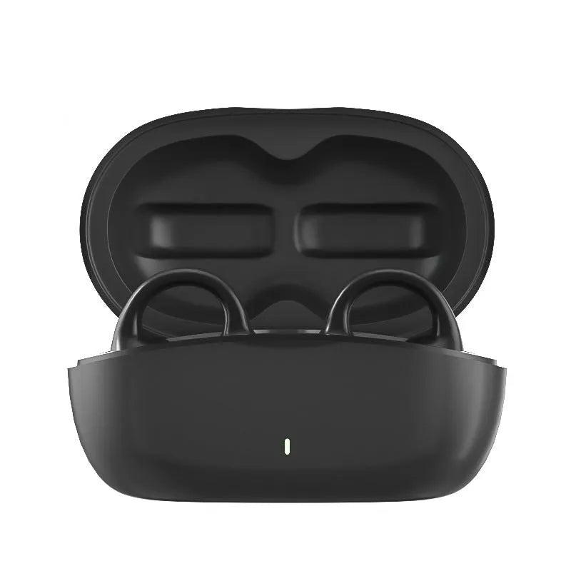 Black true wireless bone conduction sports headset with clip-type PC ABS earpieces and charging compartment