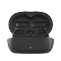 Black true wireless bone conduction sports headset with clip-type PC ABS earpieces and charging compartment