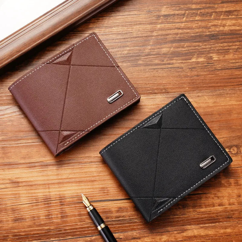 Men's thin three-fold horizontal PU leather wallet showing multiple card slots in black colour