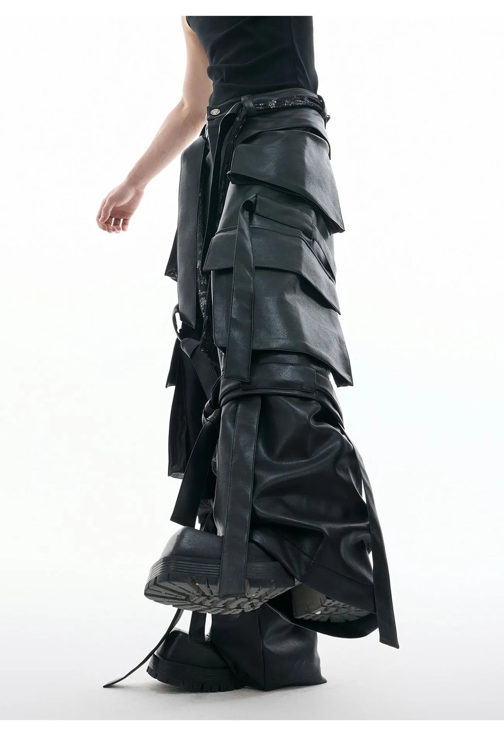 Black retro multi-pocket pants with quilted stitching detail and loose fit design