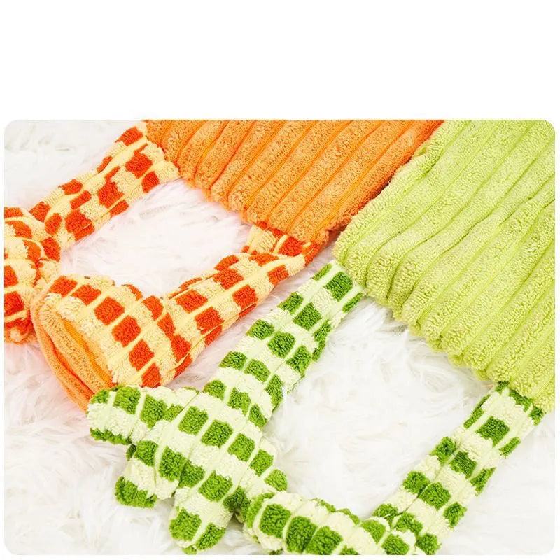 Green and orange immortal squeaker plush dog toy for aggressive chewers with double-layer construction