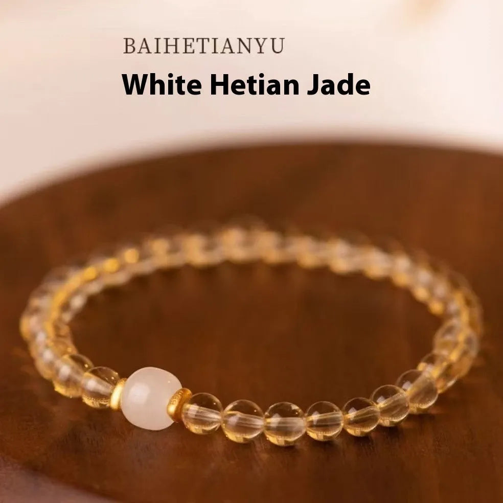 Putuo natural gold rutilated quartz bracelet with pearl accents in green or white jade colours