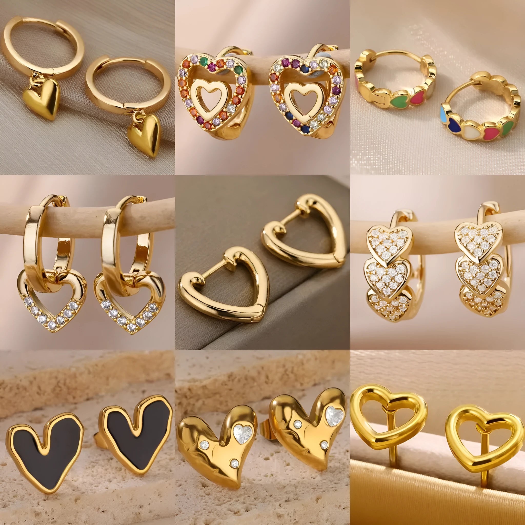Heart-shaped stainless steel clip earrings with zircon stone in E3127G-5 colour