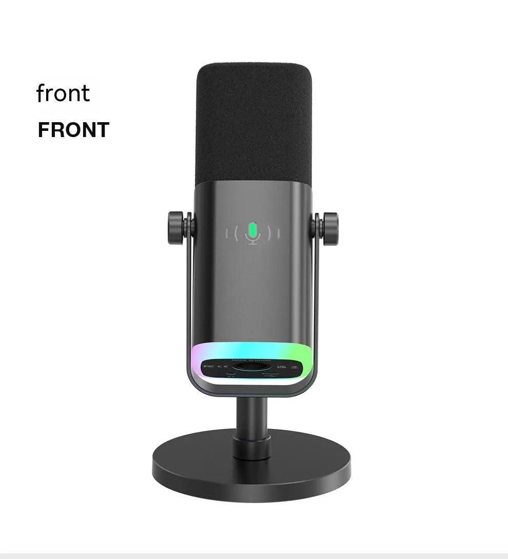 Black USB XLR microphone with noise reduction for streaming and recording, includes cables and base