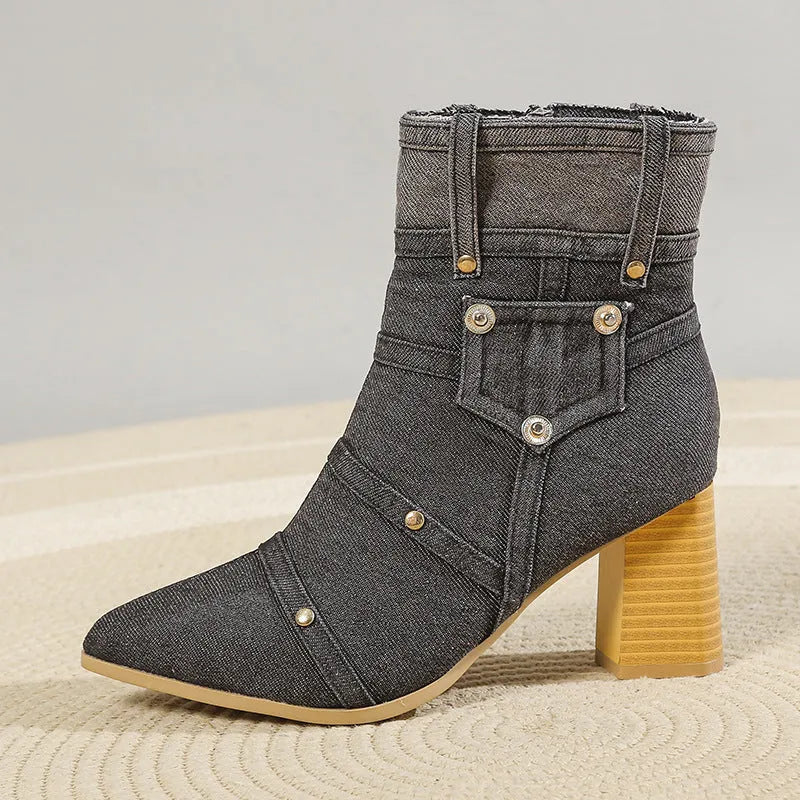 Women's denim pointed toe chunky heel Martin boots in black with artificial PU upper and rubber sole