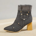 Women's denim pointed toe chunky heel Martin boots in black with artificial PU upper and rubber sole
