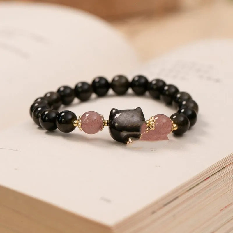 Black natural obsidian stone bead bracelet with silver kitty charm and sliding knot adjustment