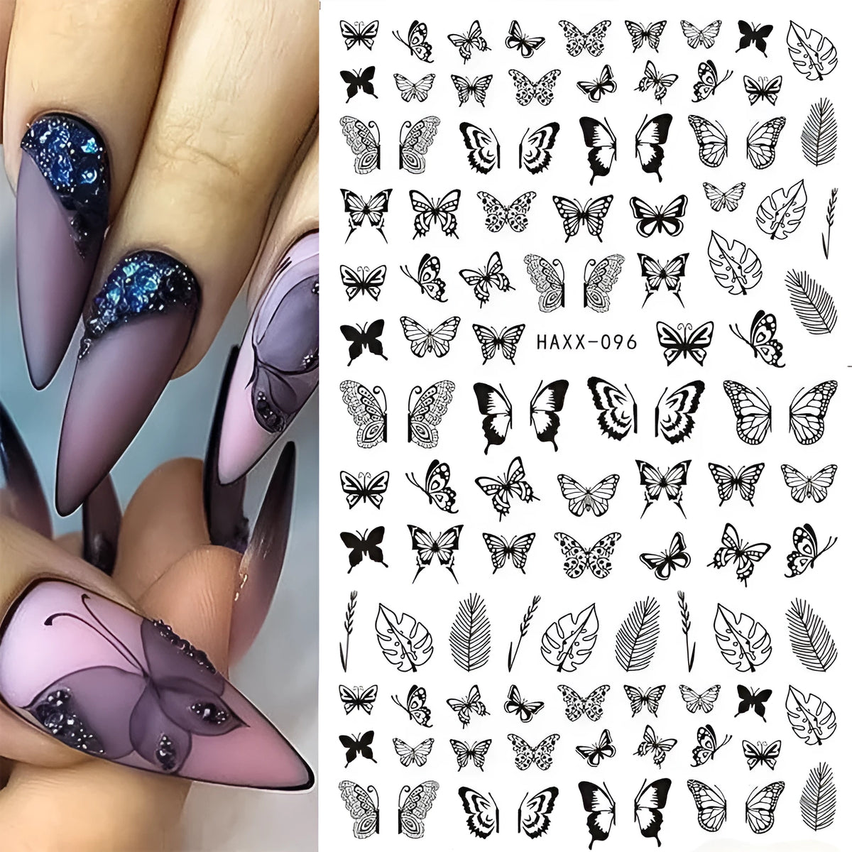 Black butterfly nail stickers with white flower and gold accents on a white background, showing six style options A to F