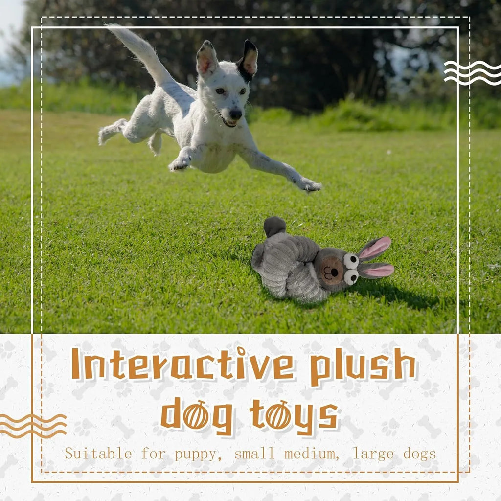 Foldable plush dog toy in brown, grey, or yellow with squeaker and crinkle sounds