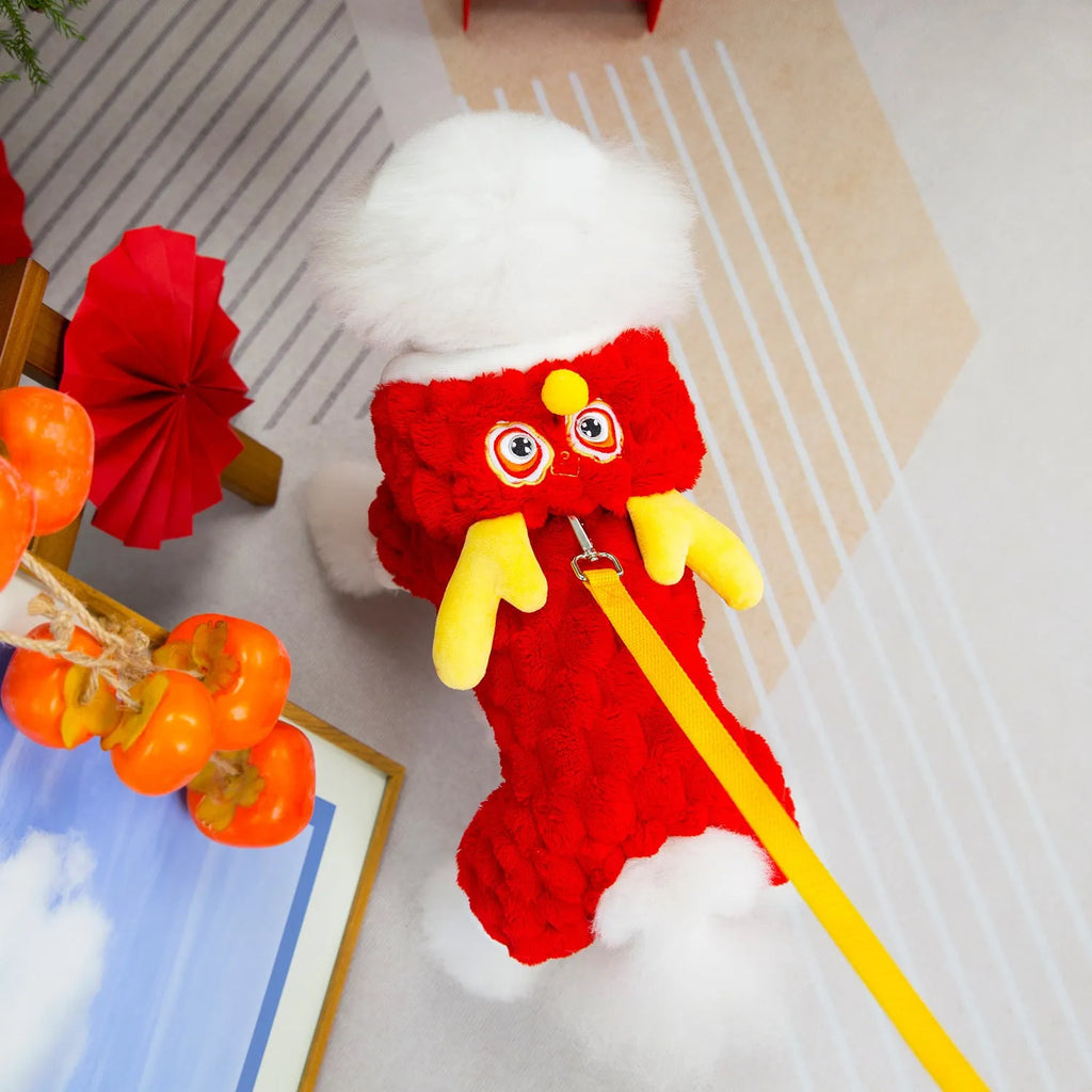 Red cartoon dragon pet jacket with double-sided velvet texture for dogs and cats