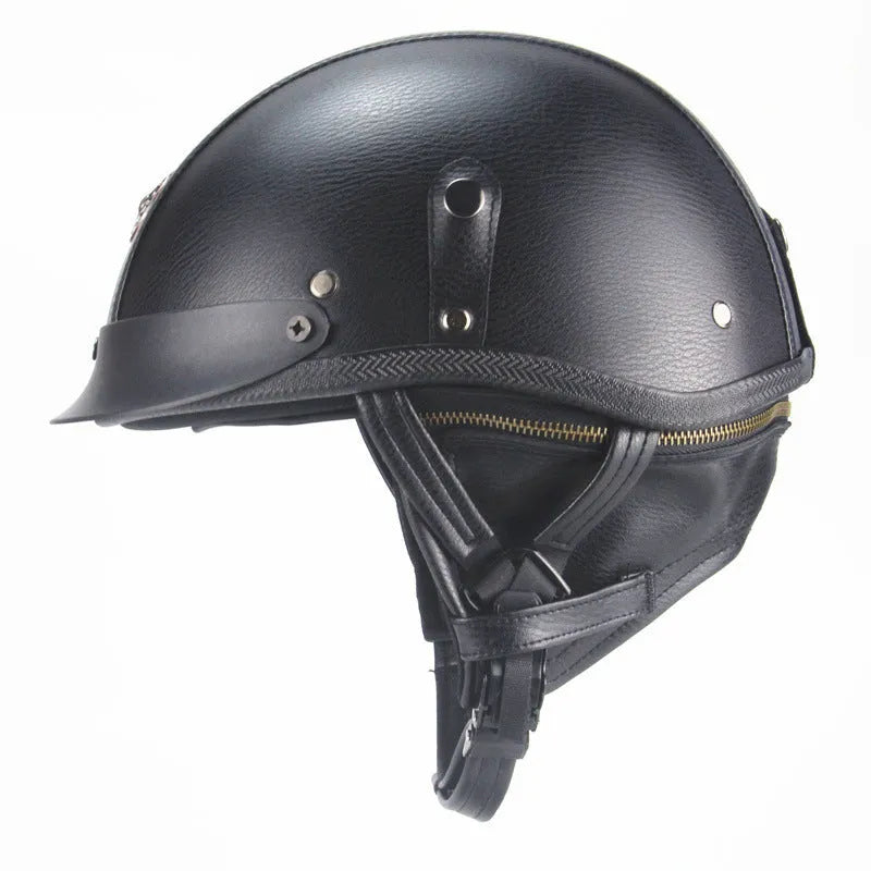 Retro handmade half-pedal motorcycle helmet in black ABS artificial leather for cruiser bikes