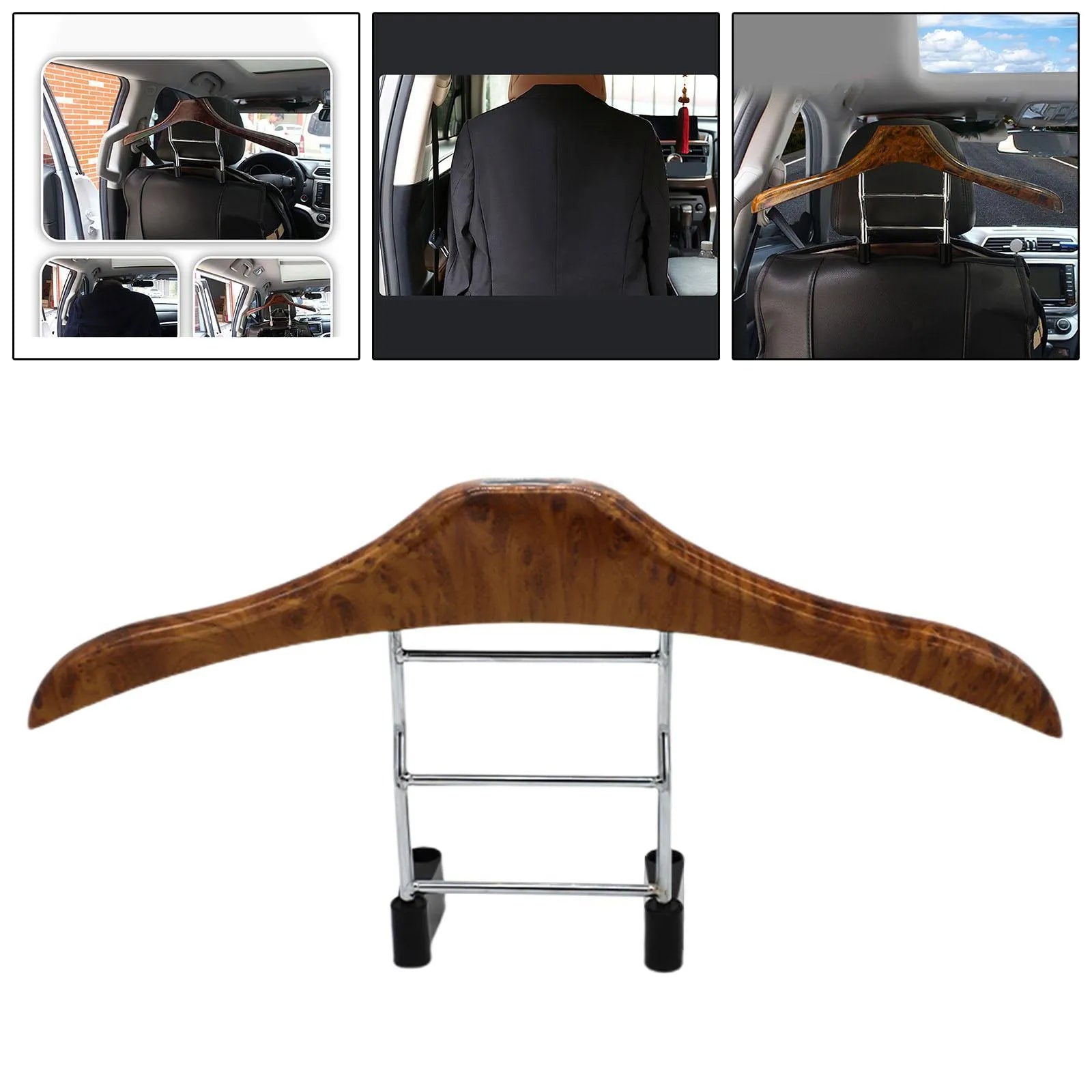Wood yellow stainless steel car mounted clothes hanger measuring 46.5cm by 23cm