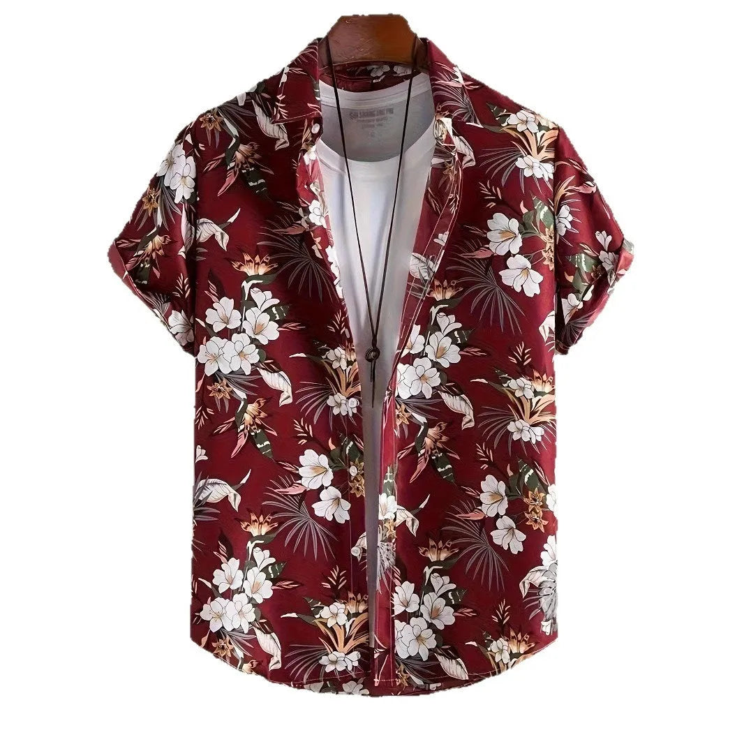 Men's 3D printed floral short sleeve shirt in loose cardigan style with elastic polyester fabric
