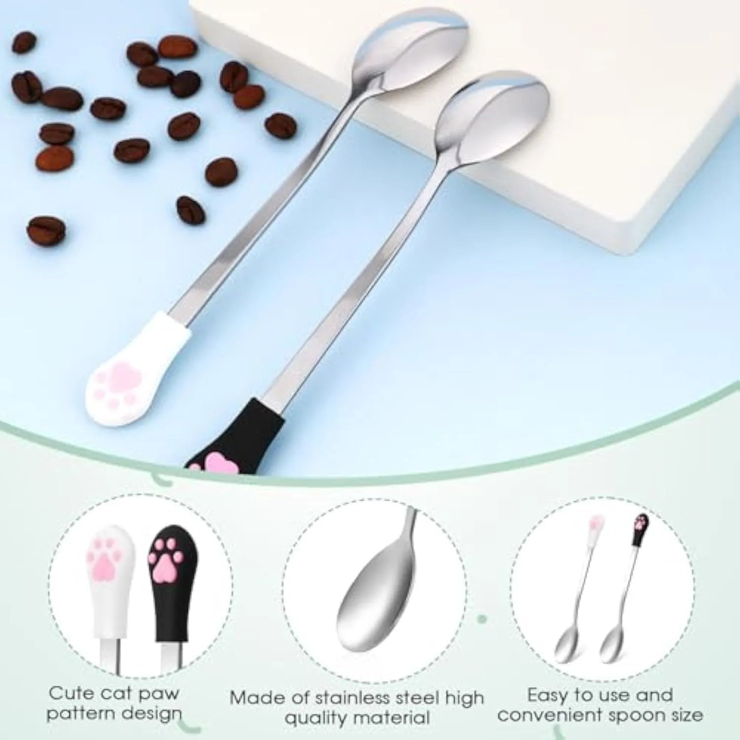 Two stainless steel pet food spoons with silicone handles in white and black colours