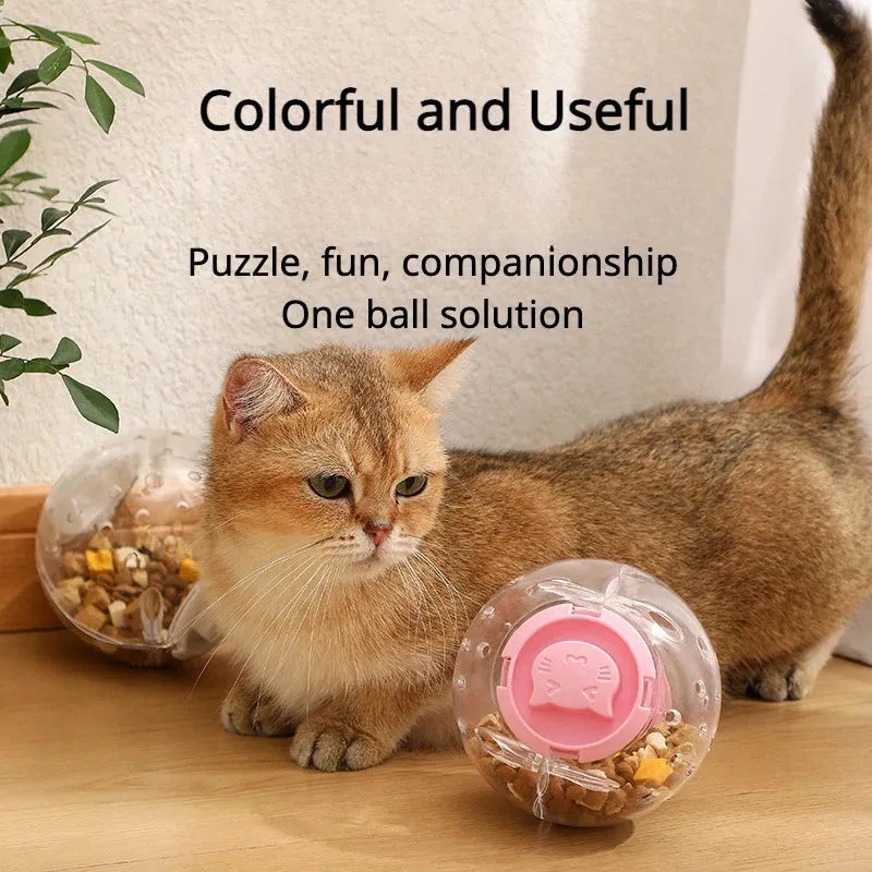 Blue ABS plastic slow feeding ball for dogs and cats, 11.5cm in diameter, on a plain background.