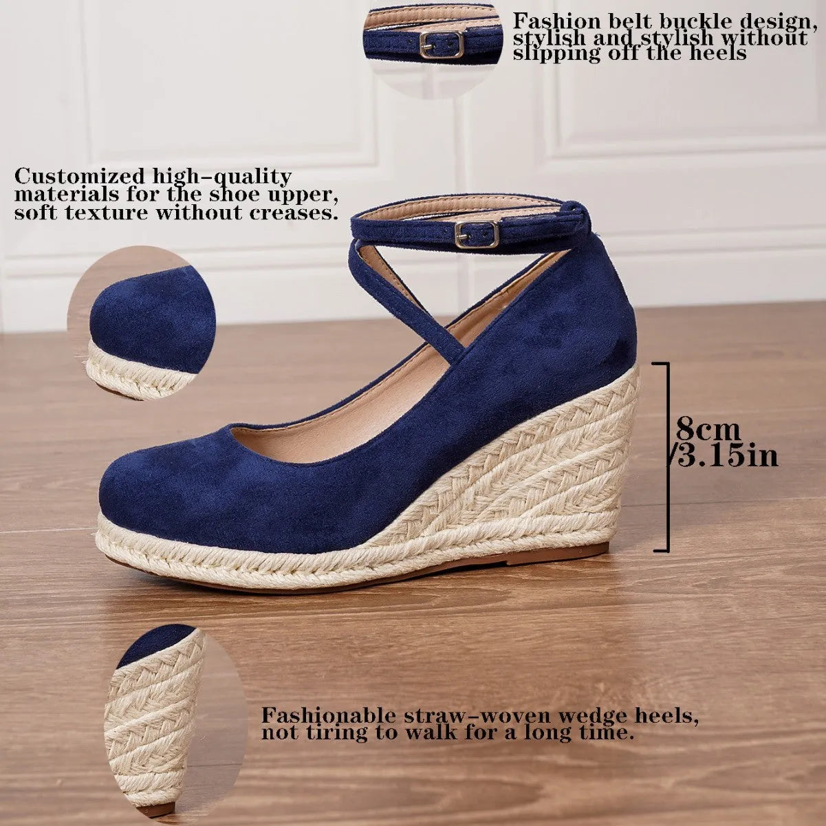 Dark blue straw woven wedge closed toe high heels with buckle fastening on a light background