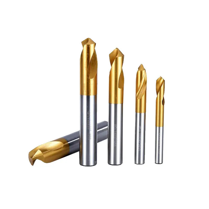 Cobalt high speed steel spot drill with titanium coating, straight shank, external cooling, sizes 3-20mm.