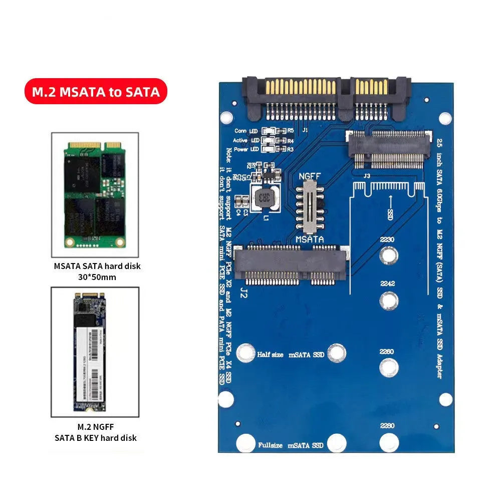Black and blue SATA3 to M.2 NGFF mSATA SSD conversion adapter card on a white background.