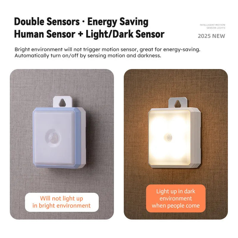 Three-in-one wiring-free smart human body induction LED small night lamp with magnetic strip, geometric stereo shape in modern simplicity style, available in battery and rechargeable variants