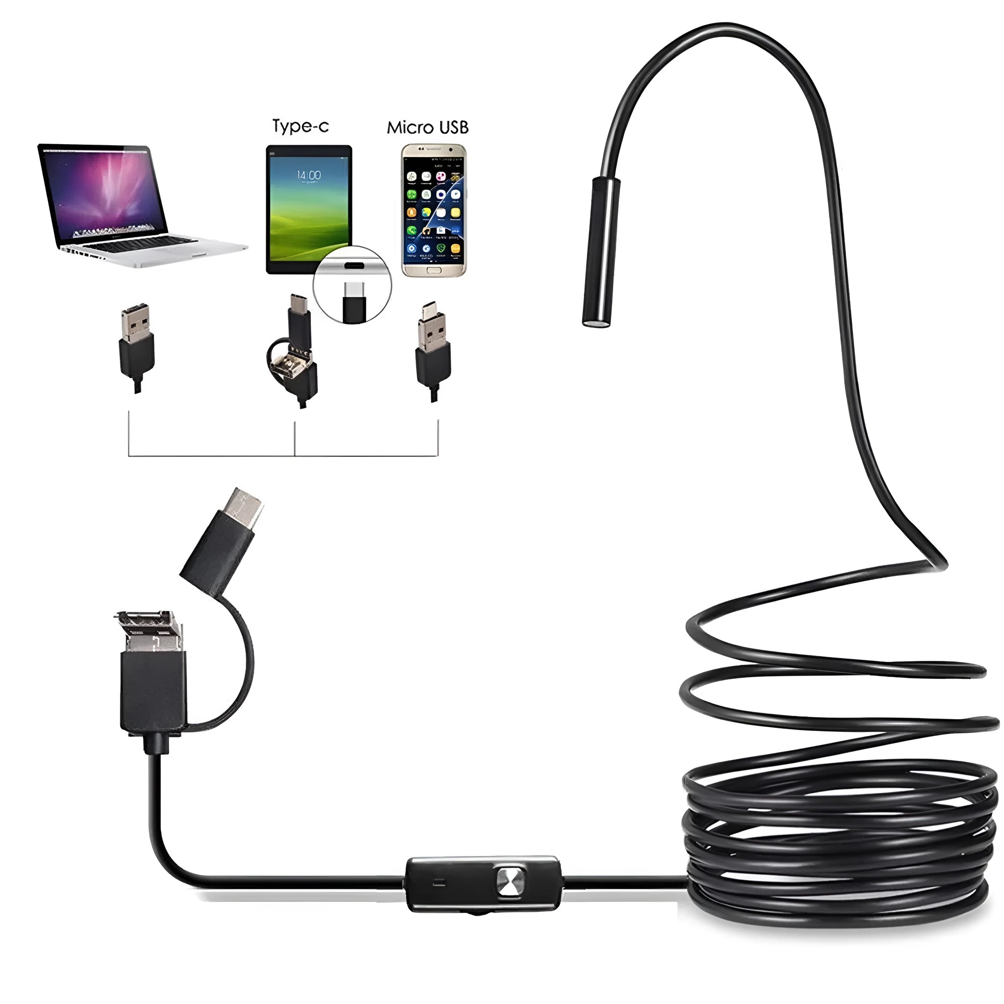 USB-C endoscope for Android phones with flexible cable, waterproof camera probe, hook, and magnet attachments on a table.