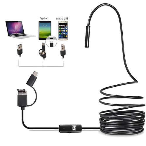 USB-C endoscope for Android phones with flexible cable, waterproof camera probe, hook, and magnet attachments on a table.
