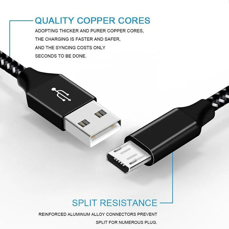 Braided Micro USB fast charging cable for Android phones in black, showing length options.
