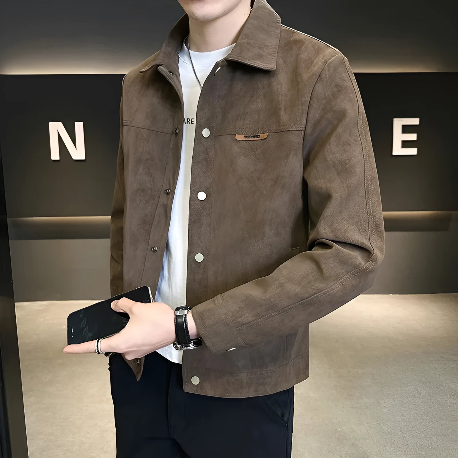 Men's chemical fibre blended suede lapel spring jacket in brown, solid colour with tie-dye finish, long sleeves, slant-cut hem