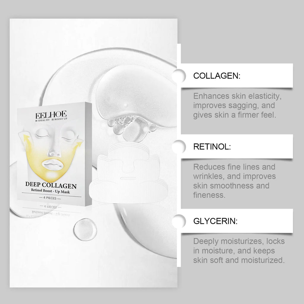 Four collagen tightening facial masks each measuring 23.5cm by 16.8cm for skincare