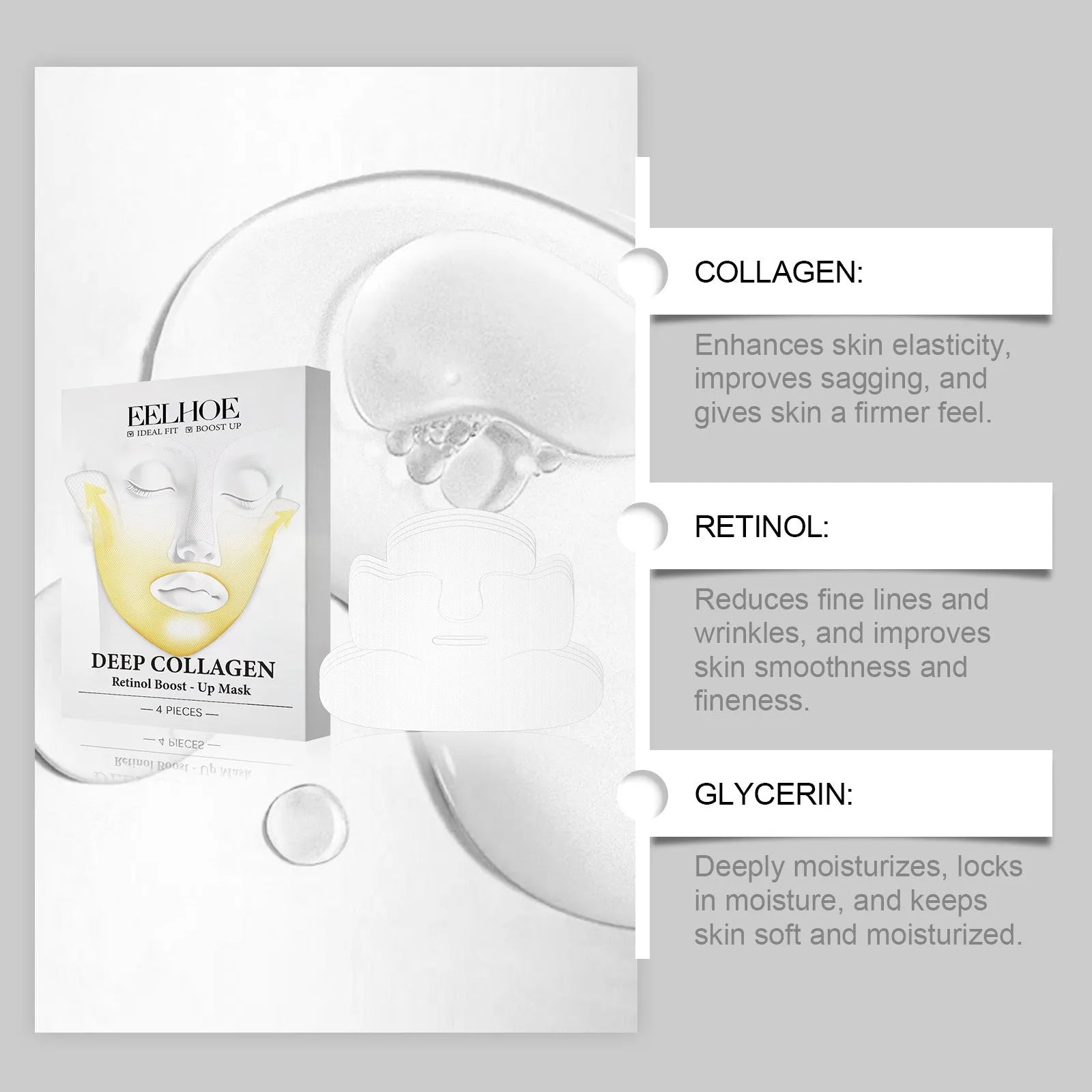 Four collagen tightening facial masks each measuring 23.5cm by 16.8cm for skincare