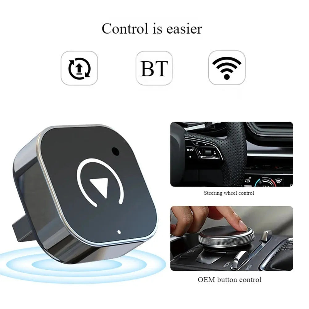 Black CarPlay box wired to wireless adapter with USB interface, front view