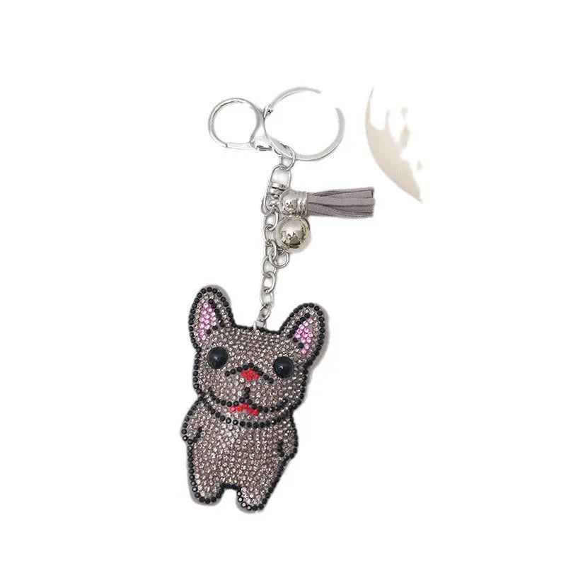 French dog cartoon rhinestone keychain pendant in alloy with tassel design