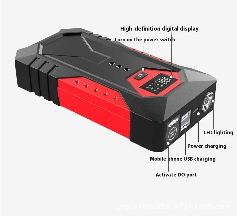 Red 12V car jump starter power bank with battery clamps, 18800mAh capacity for emergency vehicle starting