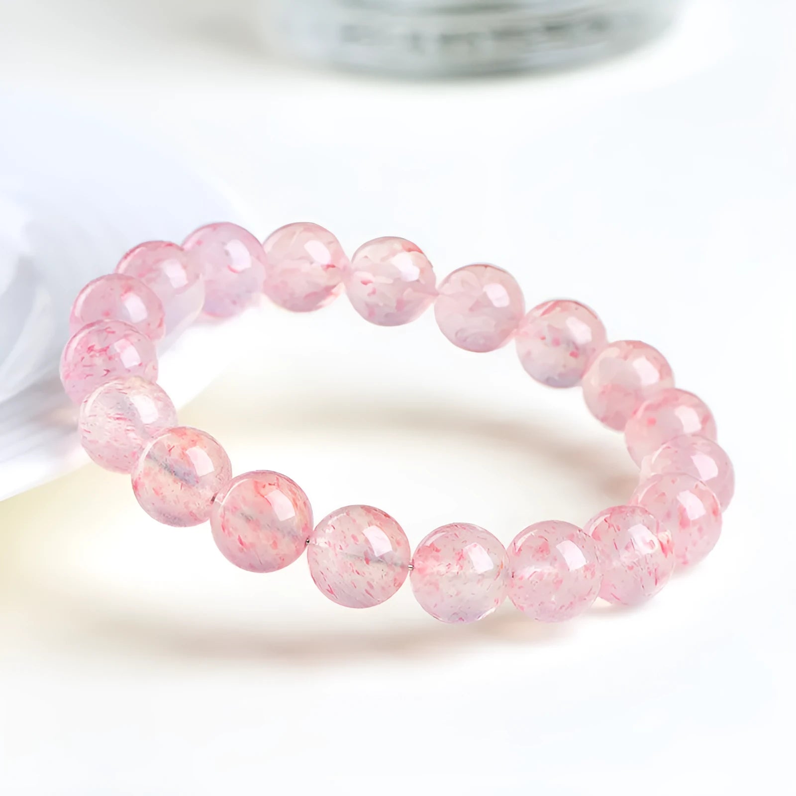 Natural white water strawberry quartz crystal ball bracelet with geometric beads
