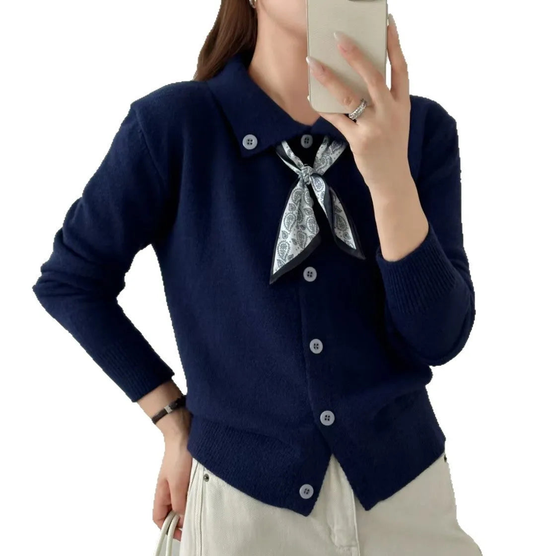 Free size lapel scarf sweater cardigan in acrylic fibre with splicing detail