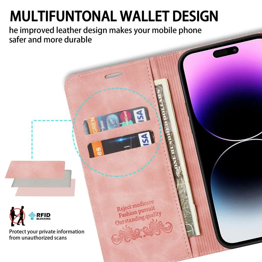 Black leather wallet card-inserting protective case for iPhone with metal kickstand bracket and magnetic back
