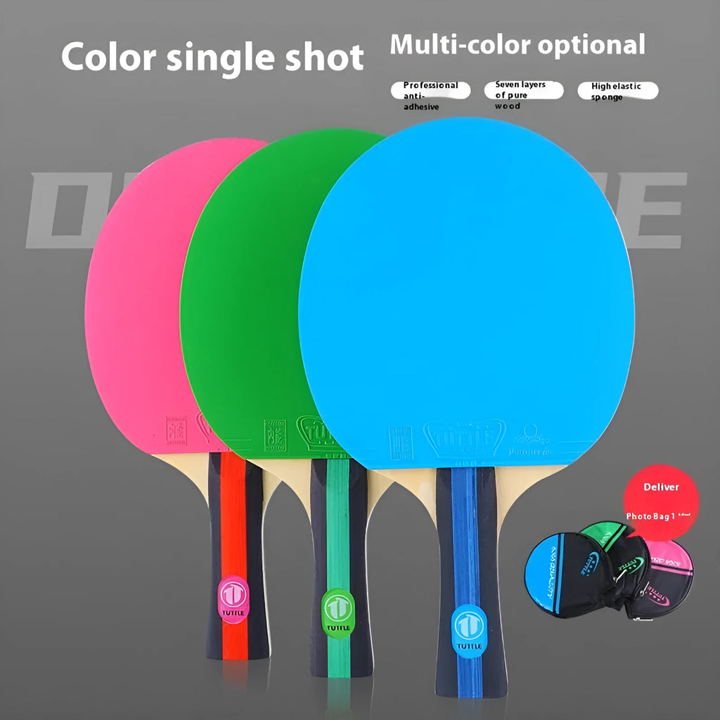 Colourful table tennis racket with pure wood construction and long handle next to matching protective bag