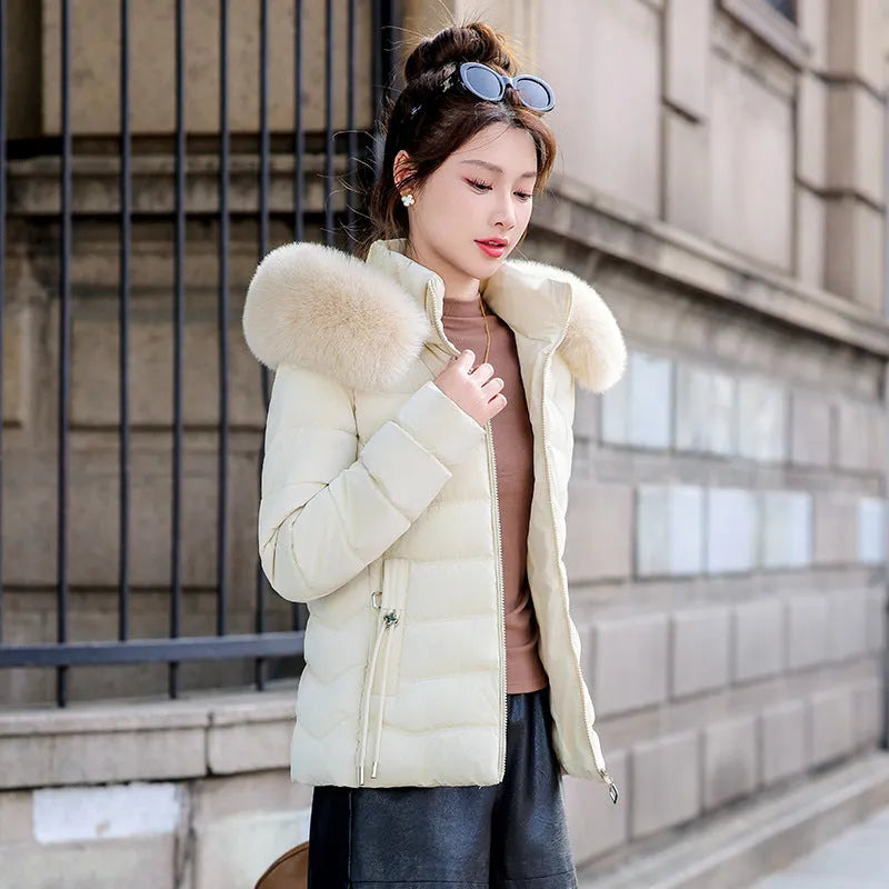Women's removable cap thick padded jacket with fur collar in khaki colour front view