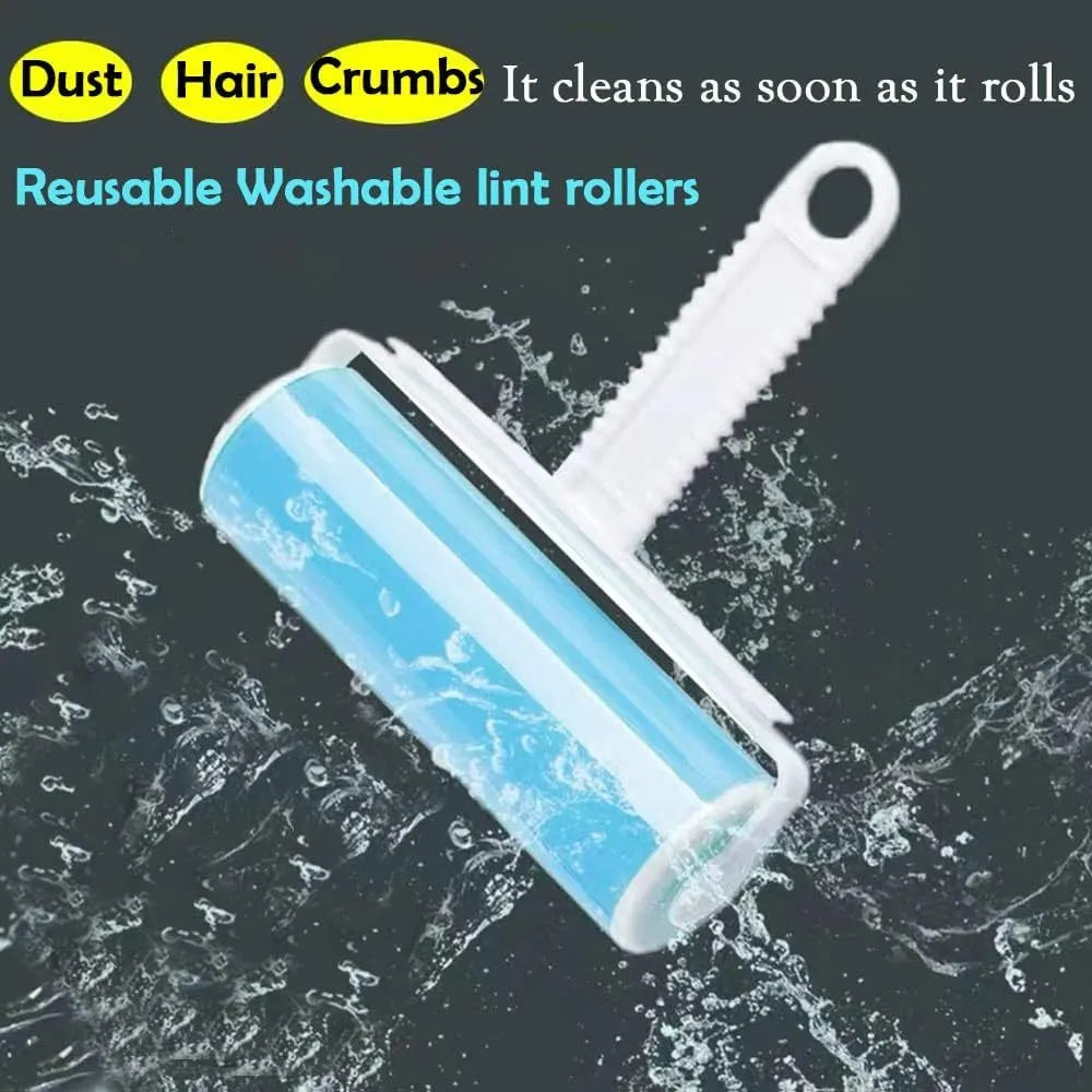 Set of four coloured washable reusable lint rollers with covers for removing pet hair.